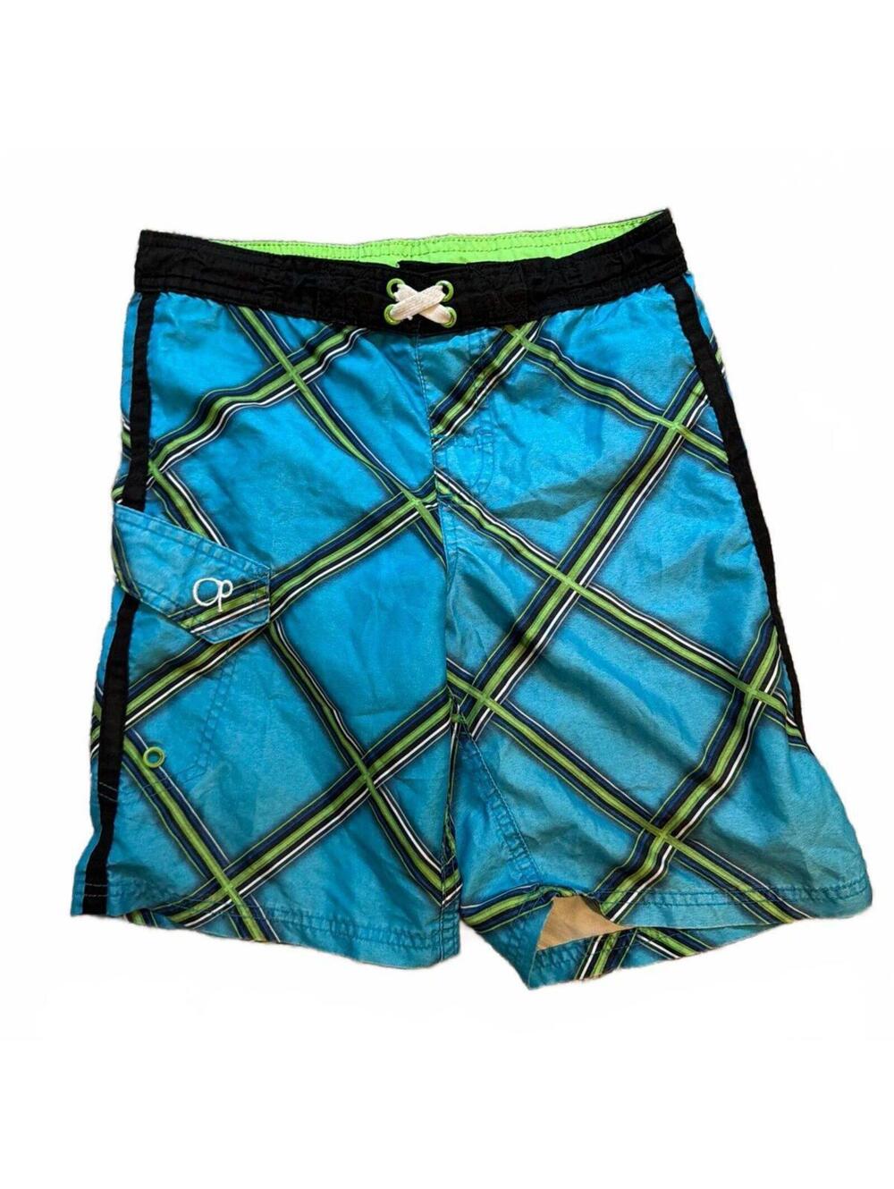 OP Boys Small Blue Green Plaid Swim Shorts